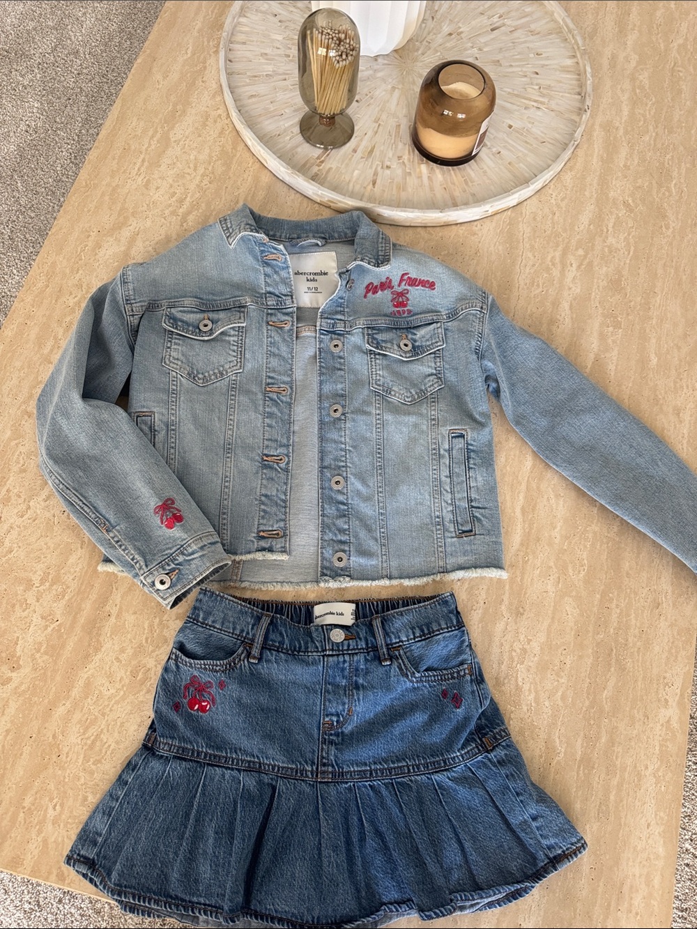 abercrombie kids light wash denim jacket & matching skirt with cherry embroidery